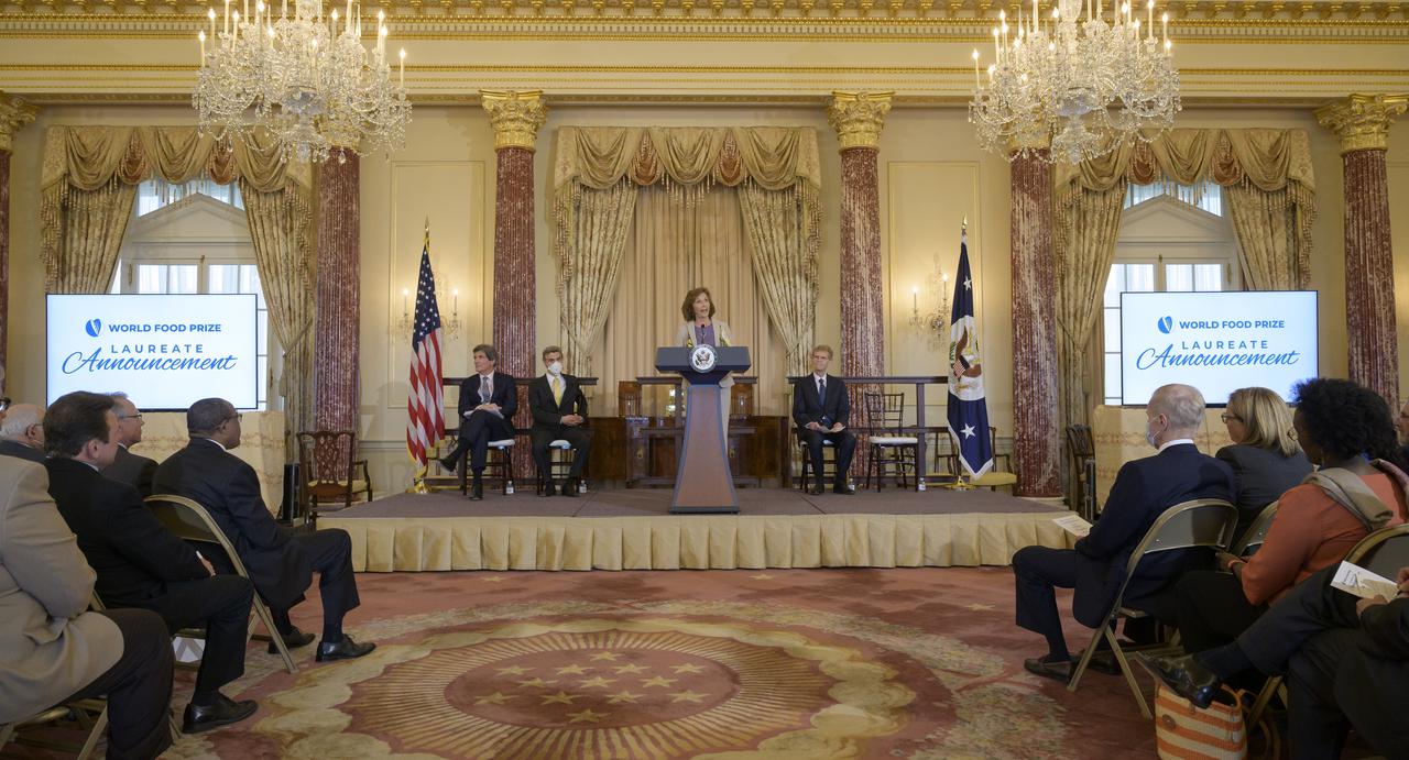 World Food Prize President, Barbara Stinson gives remarks during an event at the U.S Department of State where it was announced that Cynthia Rosenzweig, a senior research scientist and head of the Climate Impacts Group at NASA’s Goddard Institute for Space Studies (GISS) in New York City, was awarded the 2022 World Food Prize from the World Food Prize Foundation, Thursday, May 5, 2022, at the Harry S. Truman Building in Washington. Photo Credit: (NASA/Bill Ingalls)