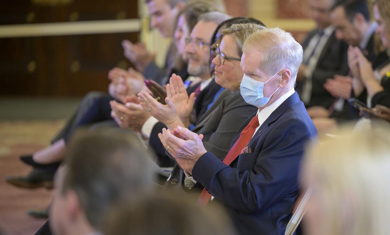 NASA Administrator Bill Nelson, and other attendees, applaud during an event at the U.S Department of State where it was announced that Cynthia Rosenzweig, a senior research scientist and head of the Climate Impacts Group at NASA’s Goddard Institute for Space Studies (GISS) in New York City, was awarded the 2022 World Food Prize from the World Food Prize Foundation, Thursday, May 5, 2022, at the Harry S. Truman Building in Washington. Photo Credit: (NASA/Bill Ingalls)