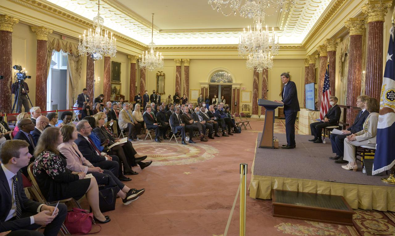 Under Secretary For Economic Growth, Energy, and the Environment, Jose W. Fernandez gives remarks during an event at the U.S Department of State where it was announced that Cynthia Rosenzweig, a senior research scientist and head of the Climate Impacts Group at NASA’s Goddard Institute for Space Studies (GISS) in New York City, was awarded the 2022 World Food Prize from the World Food Prize Foundation, Thursday, May 5, 2022, at the Harry S. Truman Building in Washington. Photo Credit: (NASA/Bill Ingalls)