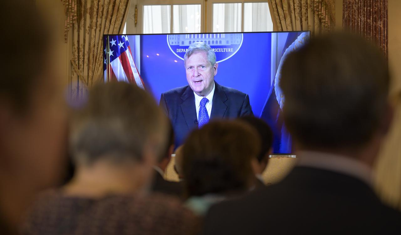U.S. Secretary of Agriculture Tom Vilsack gives remarks via a previously recorded message, during an event at the U.S Department of State where it was announced that Cynthia Rosenzweig, a senior research scientist and head of the Climate Impacts Group at NASA’s Goddard Institute for Space Studies (GISS) in New York City, was awarded the 2022 World Food Prize from the World Food Prize Foundation, Thursday, May 5, 2022, at the Harry S. Truman Building in Washington. Photo Credit: (NASA/Bill Ingalls)