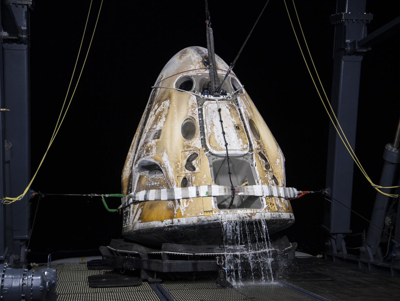 The SpaceX Crew Dragon Endurance spacecraft is seen shortly after it landed with NASA astronauts Raja Chari, Kayla Barron, Tom Marshburn, and ESA (European Space Agency) astronaut Matthias Maurer aboard, in the Gulf of Mexico, off the coast of Tampa, Florida, Friday, May 6, 2022. Maurer, Marshburn, Chari, and Barron are returning after 177 days in space as part of Expeditions 66 and 67 aboard the International Space Station. Photo Credit: (NASA/Aubrey Gemignani)