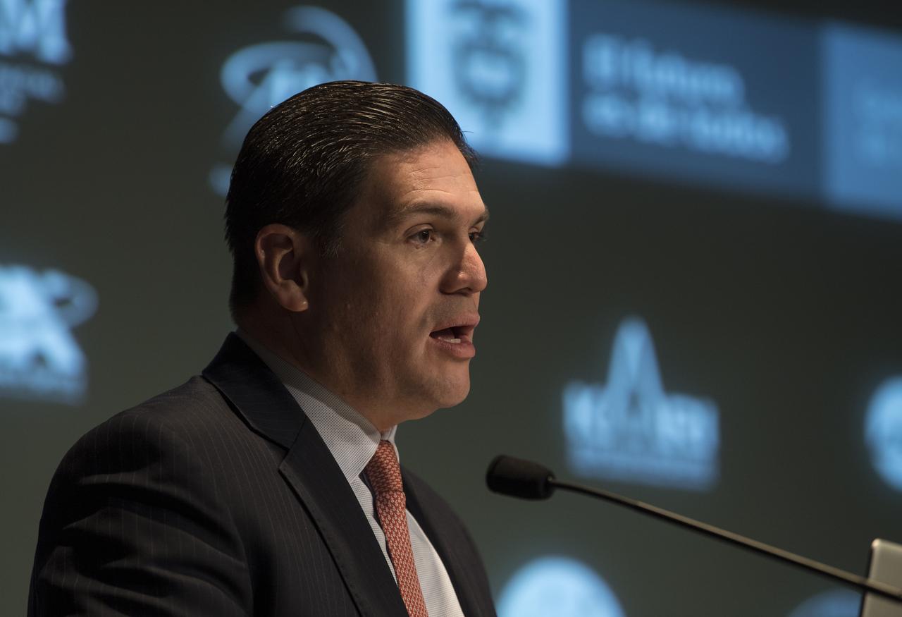 Colombian Ambassador to the U.S., Juan Carlos Pinzón, speaks before Colombian Vice President and Foreign Minister, Marta Lucía Ramírez, signs the Artemis Accords, Tuesday, May 10, 2022, at NASA Headquarters in Washington DC. Colombia is the nineteenth country to sign the Artemis Accords, which establish a practical set of principles to guide space exploration cooperation among nations participating in NASA’s Artemis program. Photo Credit: (NASA/Aubrey Gemignani)
