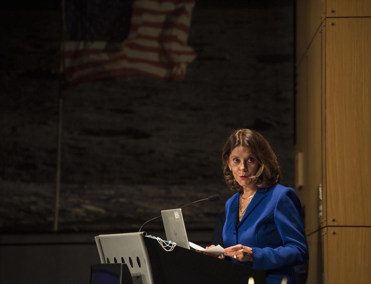 Colombian Vice President and Foreign Minister, Marta Lucía Ramírez, speaks before signing the Artemis Accords, Tuesday, May 10, 2022, at NASA Headquarters in Washington DC. Colombia is the nineteenth country to sign the Artemis Accords, which establish a practical set of principles to guide space exploration cooperation among nations participating in NASA’s Artemis program. Photo Credit: (NASA/Aubrey Gemignani)