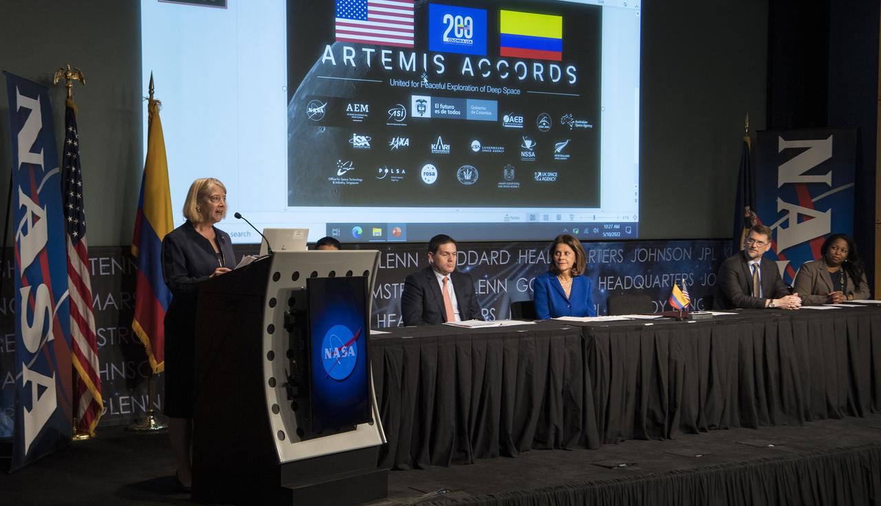 NASA Deputy Administrator Pam Melroy, left, speaks before Colombian Vice President and Foreign Minister, Marta Lucía Ramírez, third from right, signs the Artemis Accords, Tuesday, May 10, 2022, at NASA Headquarters in Washington DC. Also present were Viceminister of Knowledge, Innovation, and Productivity, Sergio Cristancho Marulanda, second from left, Colombian Ambassador to the U.S., Juan Carlos Pinzón, third from left, U.S. State Department Deputy Assistant Secretary, Mark Wells, second from right, and U.S. State Department Principal Deputy Assistant Secretary, Jennifer Littlejohn, right. Colombia is the nineteenth country to sign the Artemis Accords, which establish a practical set of principles to guide space exploration cooperation among nations participating in NASA’s Artemis program. Photo Credit: (NASA/Aubrey Gemignani)