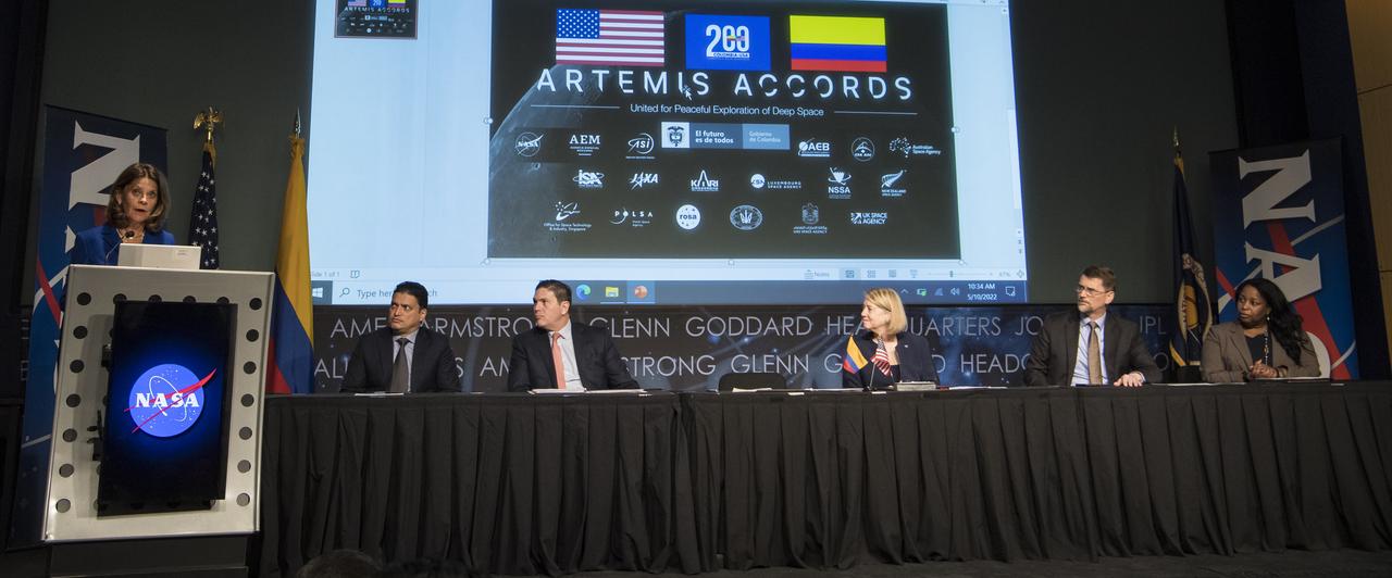 Colombian Vice President and Foreign Minister, Marta Lucía Ramírez, speaks before signing the Artemis Accords, Tuesday, May 10, 2022, at NASA Headquarters in Washington DC. Also present were Viceminister of Knowledge, Innovation, and Productivity, Sergio Cristancho Marulanda, second from left, Colombian Ambassador to the U.S., Juan Carlos Pinzón, third from left, NASA Deputy Administrator, Pam Melroy, center, U.S. State Department Deputy Assistant Secretary, Mark Wells, second from right, and U.S. State Department Principal Deputy Assistant Secretary, Jennifer Littlejohn, right. Colombia is the nineteenth country to sign the Artemis Accords, which establish a practical set of principles to guide space exploration cooperation among nations participating in NASA’s Artemis program. Photo Credit: (NASA/Aubrey Gemignani)