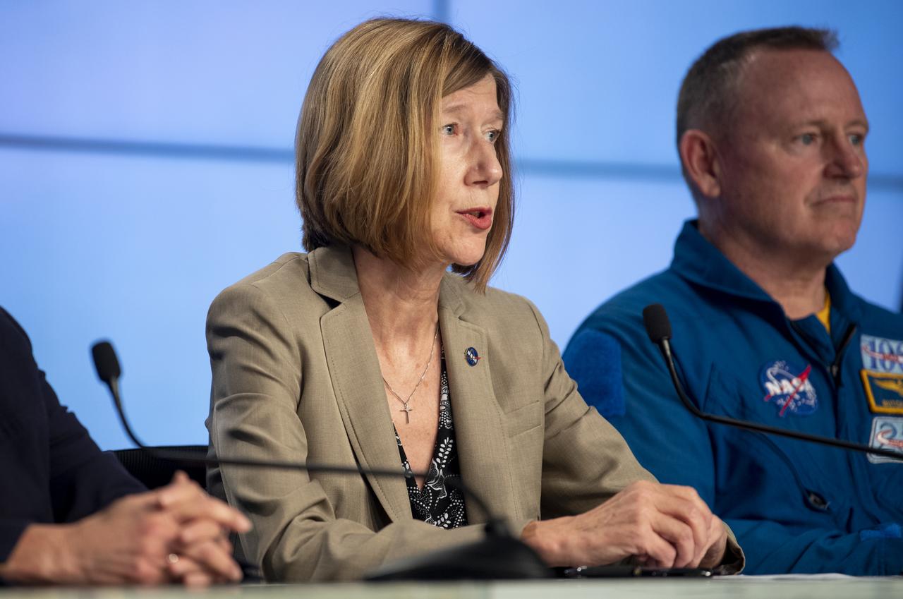 Kathy Lueders, associate administrator for NASA's Space Operations Mission Directorate, deliver remarks during a press conference ahead of the launch of Boeing’s Starliner spacecraft aboard a United Launch Alliance Atlas V rocket, Wednesday, May 18, 2022, at NASA’s Kennedy Space Center in Florida. Boeing’s Orbital Flight Test-2 will be Starliner’s second uncrewed flight test and will dock to the International Space Station as part of NASA's Commercial Crew Program. The mission, currently targeted for launch on 6:54 p.m. ET on May 19, will serve as an end-to-end test of the system's capabilities. Photo Credit: (NASA/Joel Kowsky)