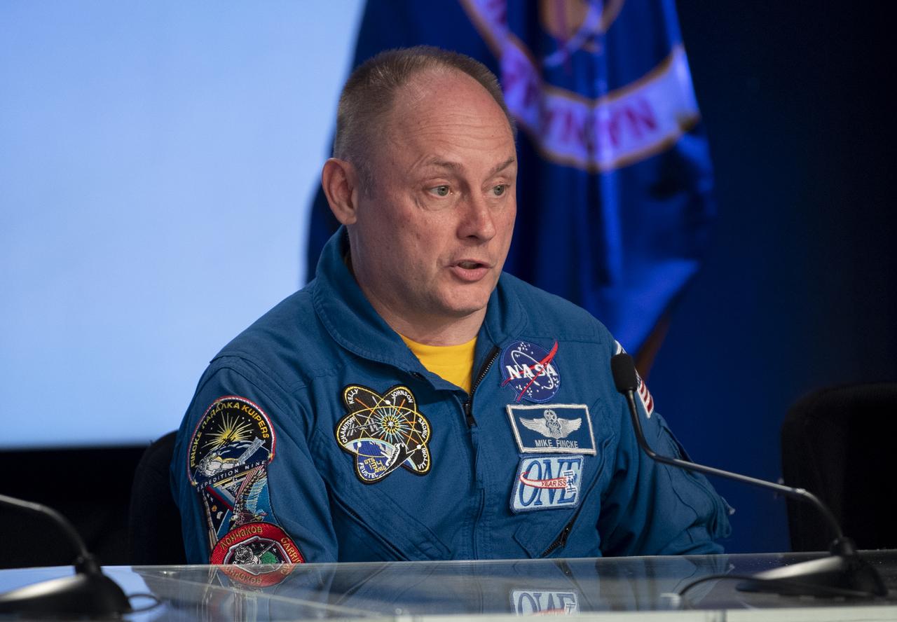 NASA astronaut Mike Fincke delivers remarks during a press conference ahead of the launch of Boeing’s Starliner spacecraft aboard a United Launch Alliance Atlas V rocket, Wednesday, May 18, 2022, at NASA’s Kennedy Space Center in Florida. Boeing’s Orbital Flight Test-2 will be Starliner’s second uncrewed flight test and will dock to the International Space Station as part of NASA's Commercial Crew Program. The mission, currently targeted for launch on 6:54 p.m. ET on May 19, will serve as an end-to-end test of the system's capabilities. Photo Credit: (NASA/Joel Kowsky)