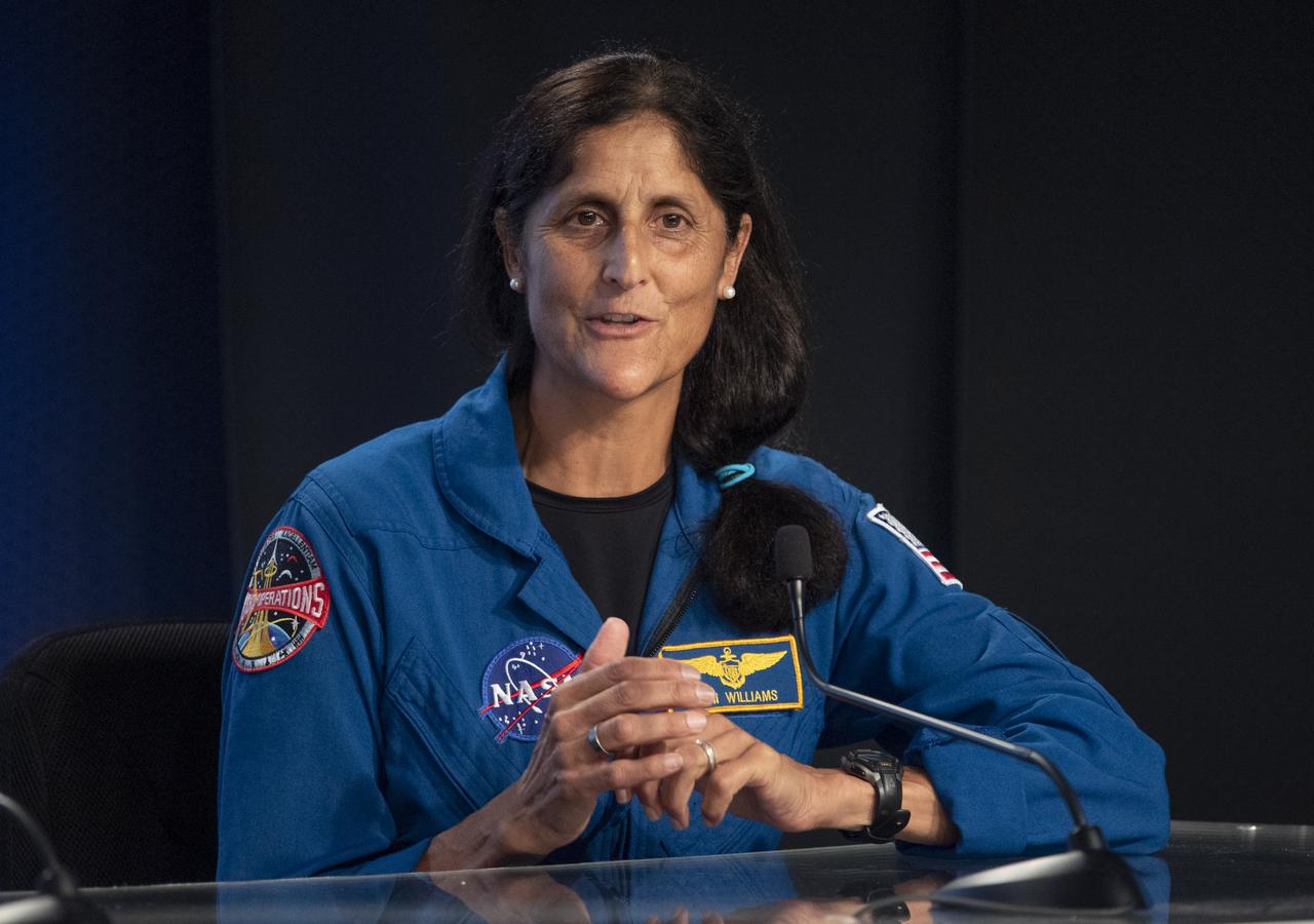 NASA astronaut Suni Williams delivers remarks during a press conference ahead of the launch of Boeing’s Starliner spacecraft aboard a United Launch Alliance Atlas V rocket, Wednesday, May 18, 2022, at NASA’s Kennedy Space Center in Florida. Boeing’s Orbital Flight Test-2 will be Starliner’s second uncrewed flight test and will dock to the International Space Station as part of NASA's Commercial Crew Program. The mission, currently targeted for launch on 6:54 p.m. ET on May 19, will serve as an end-to-end test of the system's capabilities. Photo Credit: (NASA/Joel Kowsky)