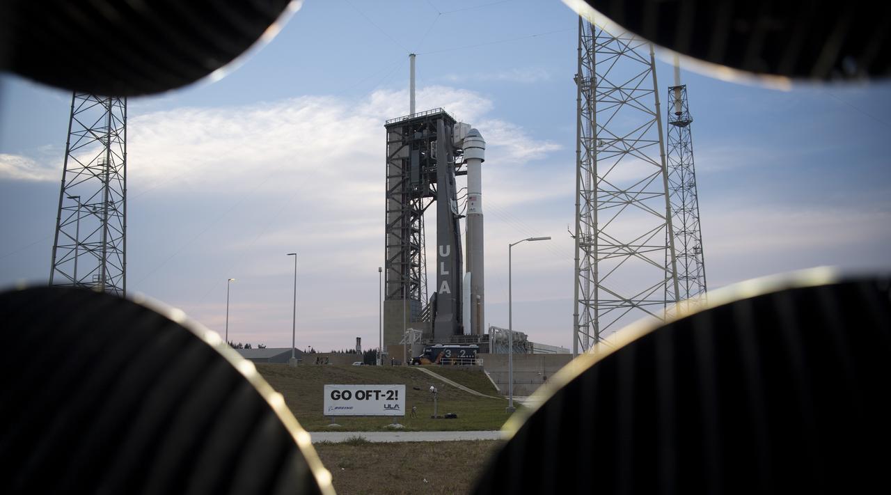 A United Launch Alliance Atlas V rocket with Boeing’s CST-100 Starliner spacecraft aboard is seen on the launch pad at Space Launch Complex 41 ahead of the Orbital Flight Test-2 mission, Wednesday, May 18, 2022 at Cape Canaveral Space Force Station in Florida. Boeing’s Orbital Flight Test-2 will be Starliner’s second uncrewed flight test and will dock to the International Space Station as part of NASA's Commercial Crew Program. The mission, currently targeted for launch on 6:54 p.m. ET on May 19, will serve as an end-to-end test of the system's capabilities. Photo Credit: (NASA/Joel Kowsky)