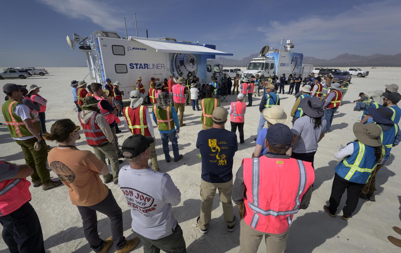 Boeing and NASA teams participate in a mission dress rehearsal to prepare for the landing of the Boeing CST-100 Starliner spacecraft in White Sands, New Mexico, Monday, May 23, 2022. Boeing’s Orbital Flight Test-2 (OFT-2) is Starliner’s second uncrewed flight test to the International Space Station as part of NASA's Commercial Crew Program. OFT-2 serves as an end-to-end test of the system's capabilities. Photo Credit: (NASA/Bill Ingalls)