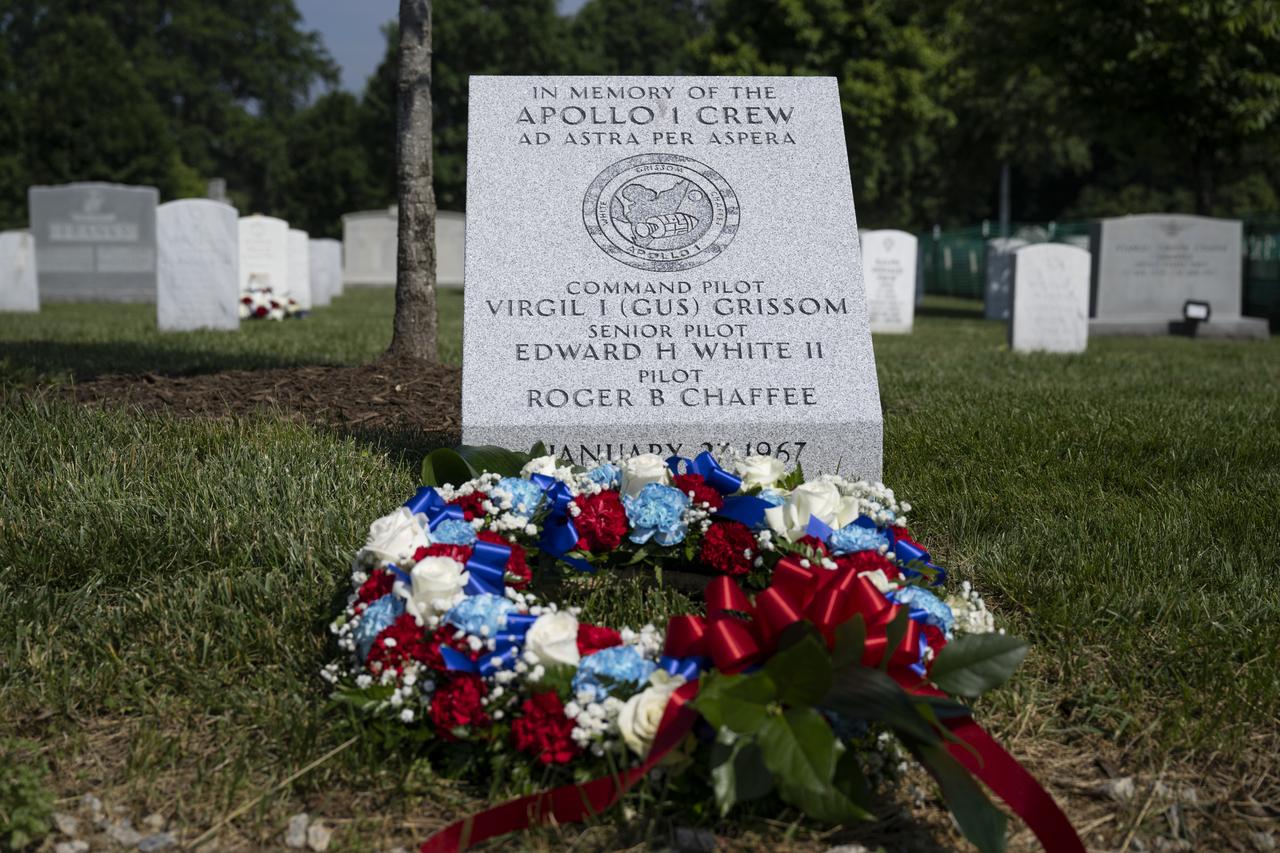 The Apollo 1 monument is seen at Arlington National Cemetery, Thursday, June 2, 2022, in Arlington, Va. The monument honors and memorializes the Apollo 1 crew of Virgil I. “Gus” Grissom, Edward H. White II, and Roger B. Chaffee.  Photo Credit: (NASA/Bill Ingalls)