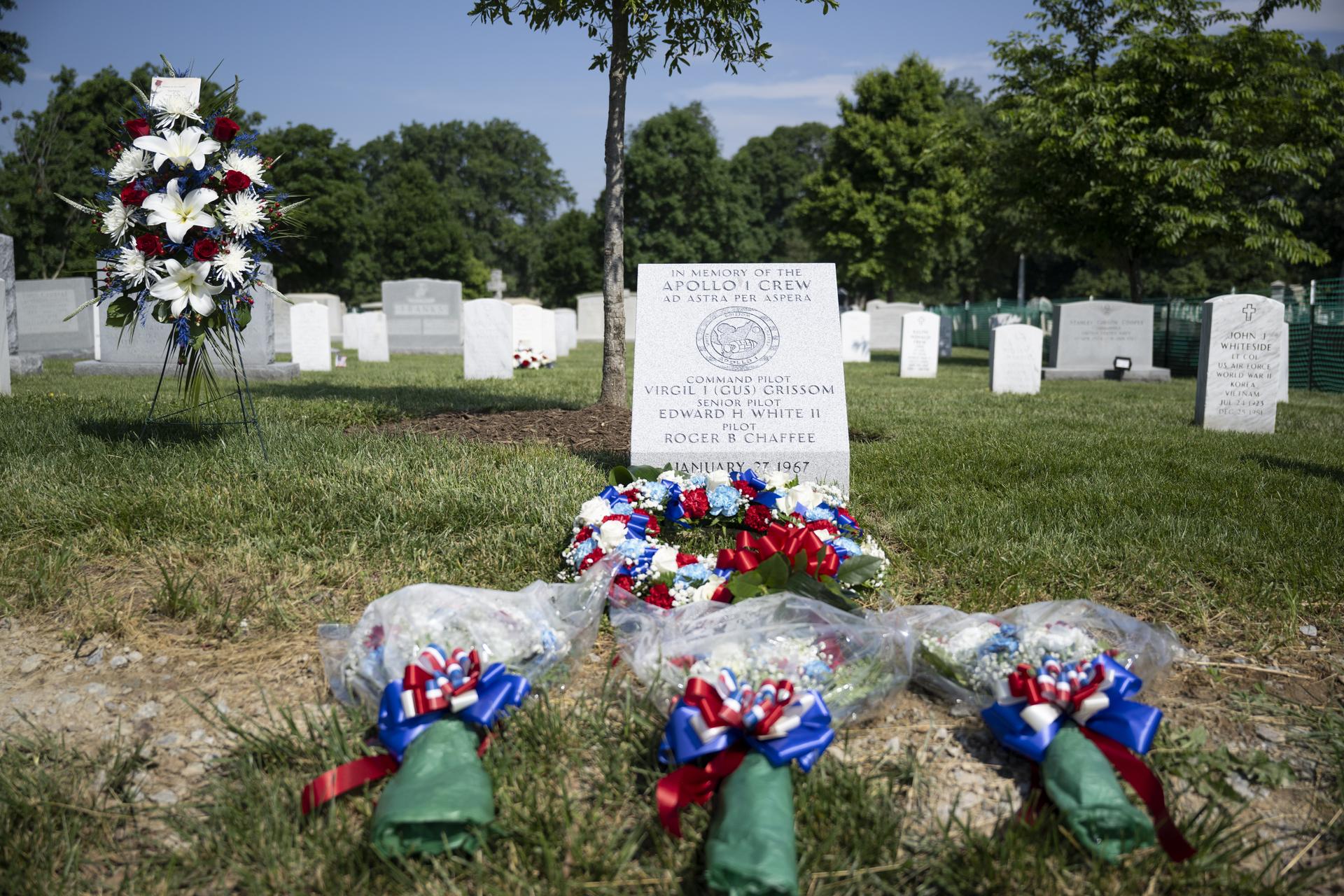 The Apollo 1 monument at Arlington National Cemetery is seen following its dedication, Thursday, June 2, 2022, in Arlington, Va. The monument honors and memorializes the Apollo 1 crew of Virgil I. “Gus” Grissom, Edward H. White II, and Roger B. Chaffee.