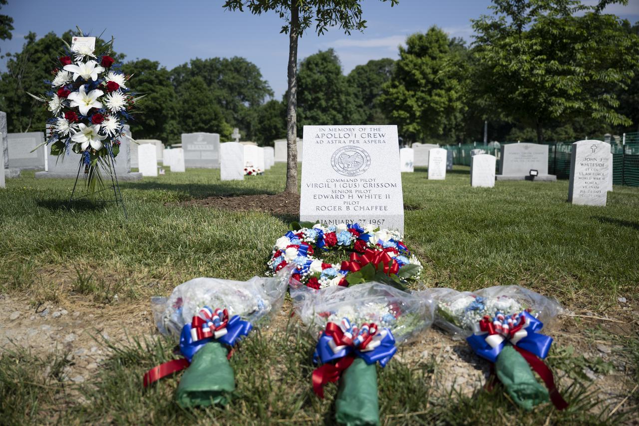 The Apollo 1 monument at Arlington National Cemetery is seen following its dedication, Thursday, June 2, 2022, in Arlington, Va. The monument honors and memorializes the Apollo 1 crew of Virgil I. “Gus” Grissom, Edward H. White II, and Roger B. Chaffee.  Photo Credit: (NASA/Bill Ingalls)
