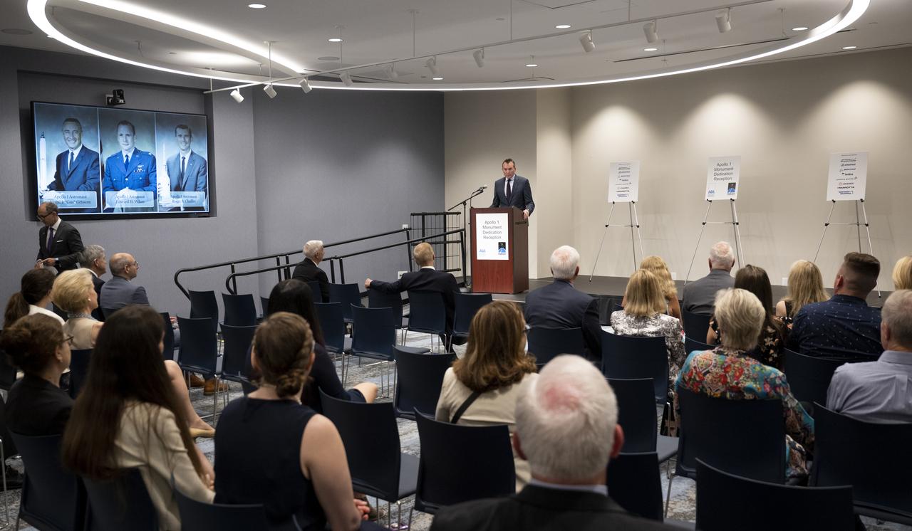 Eric Fanning, AIA President and CEO, delivers remarks at a reception following the dedication of the Apollo 1 monument, Thursday, June 2, 2022, in the Reception Hall of the Military Women’s Memorial at Arlington National Cemetery in Arlington, Va. The monument honors and memorializes the Apollo 1 crew of Virgil I. “Gus” Grissom, Edward H. White II, and Roger B. Chaffee. Photo Credit: (NASA/Bill Ingalls)