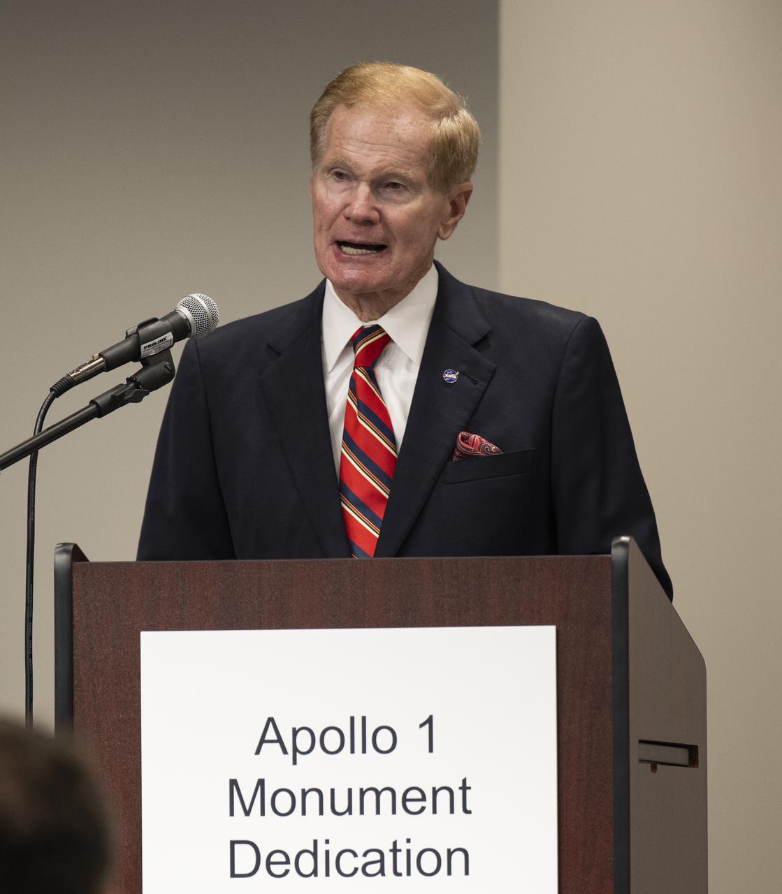 NASA Administrator Bill Nelson delivers remarks at a reception following the dedication of the Apollo 1 monument, Thursday, June 2, 2022, in the Reception Hall of the Military Women’s Memorial at Arlington National Cemetery in Arlington, Va. The monument honors and memorializes the Apollo 1 crew of Virgil I. “Gus” Grissom, Edward H. White II, and Roger B. Chaffee. Photo Credit: (NASA/Bill Ingalls)