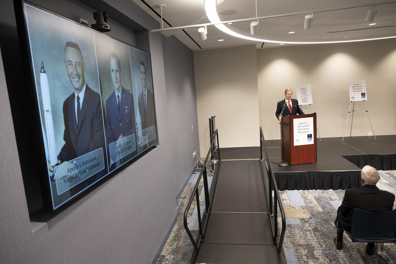 NASA Administrator Bill Nelson delivers remarks at a reception following the dedication of the Apollo 1 monument, Thursday, June 2, 2022, in the Reception Hall of the Military Women’s Memorial at Arlington National Cemetery in Arlington, Va. The monument honors and memorializes the Apollo 1 crew of Virgil I. “Gus” Grissom, Edward H. White II, and Roger B. Chaffee. Photo Credit: (NASA/Bill Ingalls)