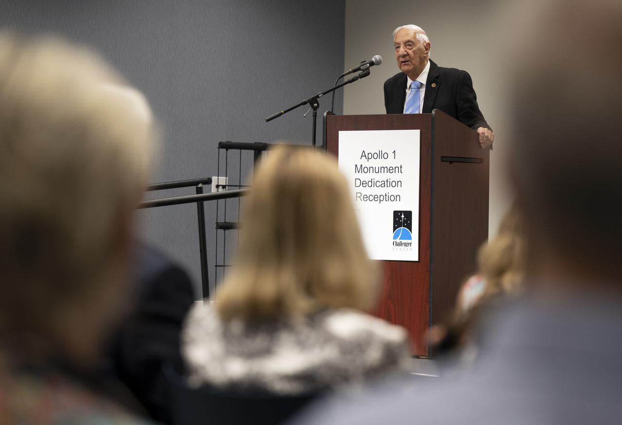 Lowell Grissom, brother of Apollo 1 astronaut Virgil I. “Gus” Grissom, delivers remarks at a reception following the dedication of the Apollo 1 monument, Thursday, June 2, 2022, in the Reception Hall of the Military Women’s Memorial at Arlington National Cemetery in Arlington, Va. The monument honors and memorializes the Apollo 1 crew of Virgil I. “Gus” Grissom, Edward H. White II, and Roger B. Chaffee.  Photo Credit: (NASA/Bill Ingalls)
