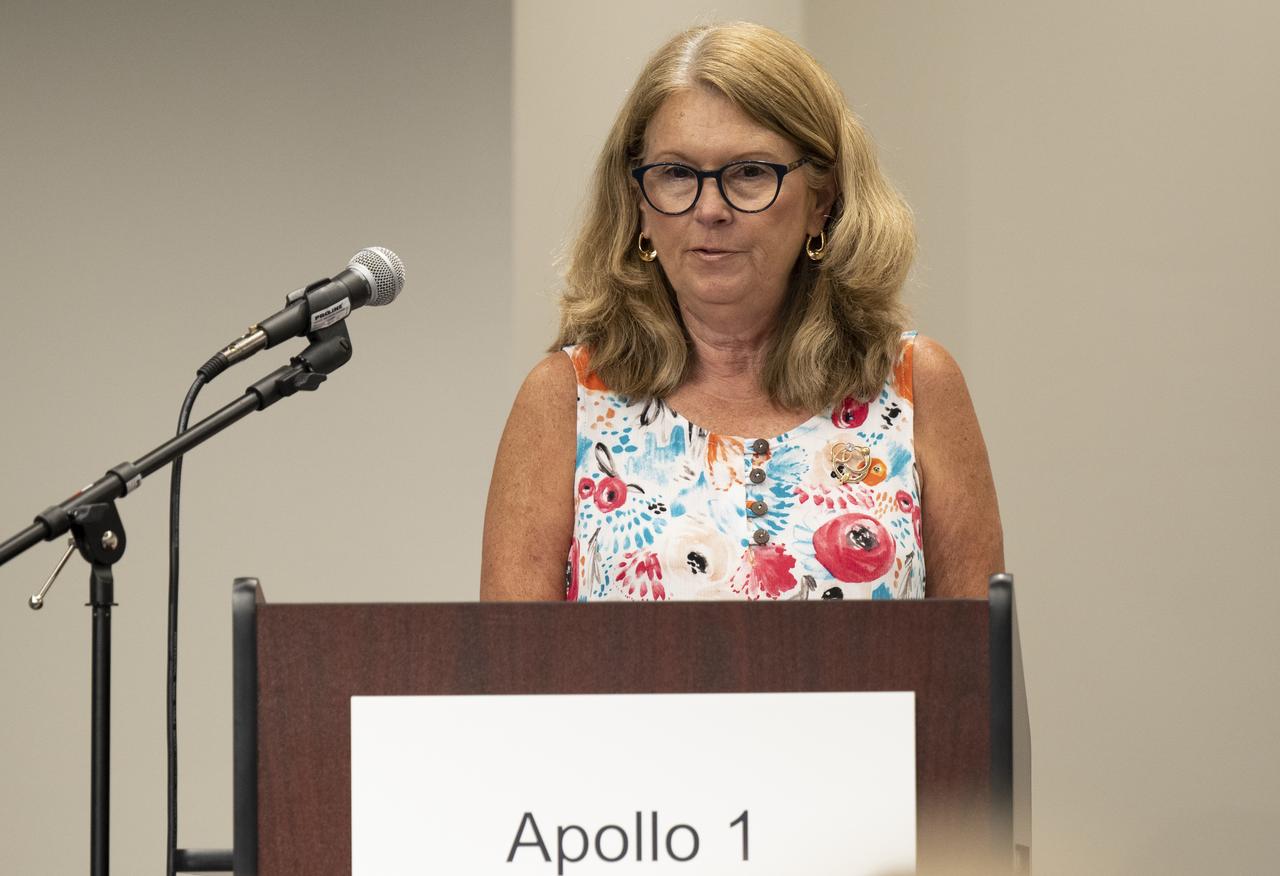 Sheryl Chaffee, daughter of Apollo 1 astronaut Roger B. Chaffee, delivers remarks at a reception following the dedication of the Apollo 1 monument, Thursday, June 2, 2022, in the Reception Hall of the Military Women’s Memorial at Arlington National Cemetery in Arlington, Va. The monument honors and memorializes the Apollo 1 crew of Virgil I. “Gus” Grissom, Edward H. White II, and Roger B. Chaffee.  Photo Credit: (NASA/Bill Ingalls)