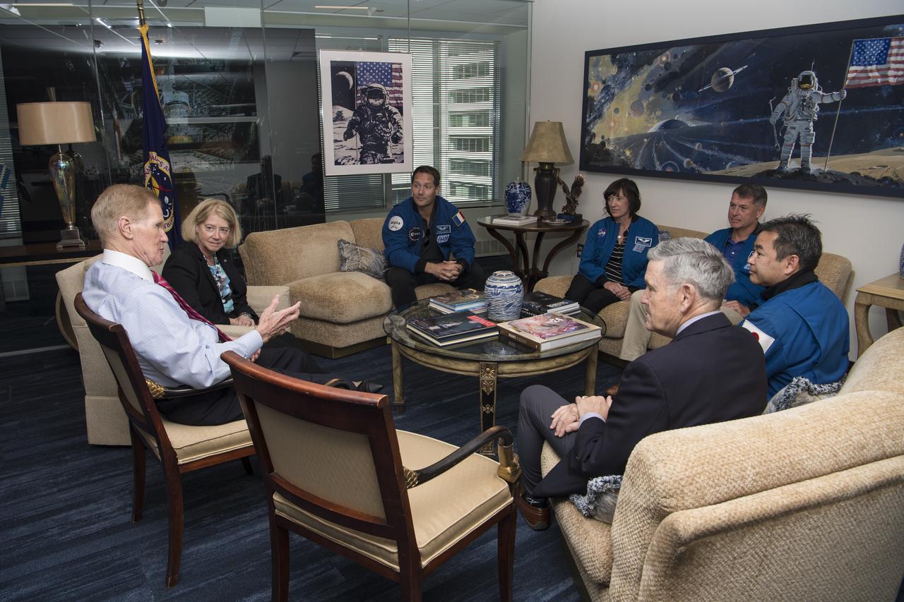 From left to right, NASA Administrator Bill Nelson, NASA Deputy Administrator Pam Melroy, NASA’s SpaceX Crew-2 ESA (European Space Agency) astronaut Thomas Pesquet, NASA astronauts Megan McArthur and Shane Kimbrough, Japan Aerospace Exploration Agency (JAXA) astronaut Akihiko Hoshide, and NASA Associate Administrator Bob Cabana meet, Monday, June 6, 2022, at the Mary W. Jackson NASA Headquarters Building in Washington DC. Photo Credit: (NASA/Aubrey Gemignani)