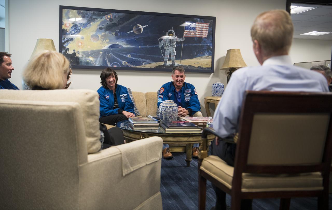 NASA’s SpaceX Crew-2 astronauts Megan McArthur, center left, and Shane Kimbrough, center right, speak with NASA Administrator Bill Nelson, NASA Deputy Administrator Pam Melroy, left, and NASA Associate Administrator Bob Cabana, right, Monday, June 6, 2022, at the Mary W. Jackson NASA Headquarters Building in Washington DC. Photo Credit: (NASA/Aubrey Gemignani)