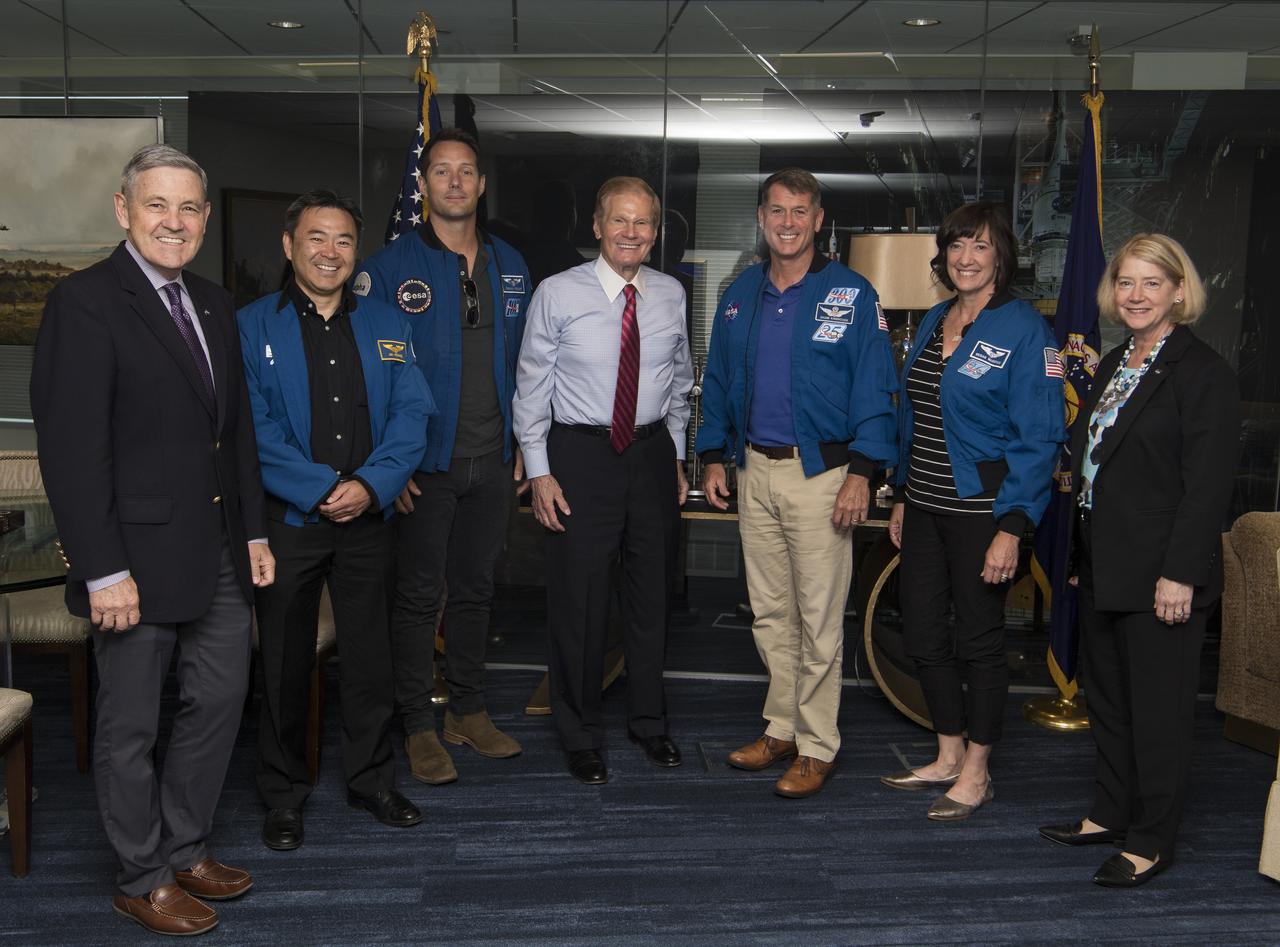 From left to right, NASA Associate Administrator Bob Cabana, NASA’s SpaceX Crew-2 astronauts, Japan Aerospace Exploration Agency (JAXA) astronaut Akihiko Hoshide, ESA (European Space Agency) astronaut Thomas Pesquet, NASA Administrator Bill Nelson, NASA astronauts Shane Kimbrough and Megan McArthur, and NASA Deputy Administrator Pam Melroy, pose for a photo, Monday, June 6, 2022, at the Mary W. Jackson NASA Headquarters Building in Washington DC. Photo Credit: (NASA/Aubrey Gemignani)