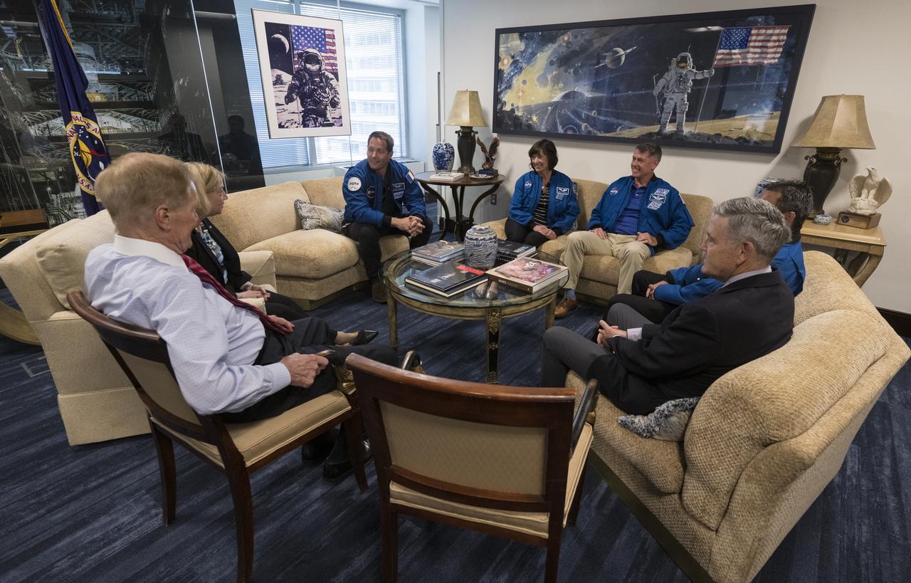 From left to right, NASA Administrator Bill Nelson, NASA Deputy Administrator Pam Melroy, NASA’s SpaceX Crew-2 ESA (European Space Agency) astronaut Thomas Pesquet, NASA astronauts Megan McArthur and Shane Kimbrough, Japan Aerospace Exploration Agency (JAXA) astronaut Akihiko Hoshide, and NASA Associate Administrator Bob Cabana meet, Monday, June 6, 2022, at the Mary W. Jackson NASA Headquarters Building in Washington DC. Photo Credit: (NASA/Aubrey Gemignani)