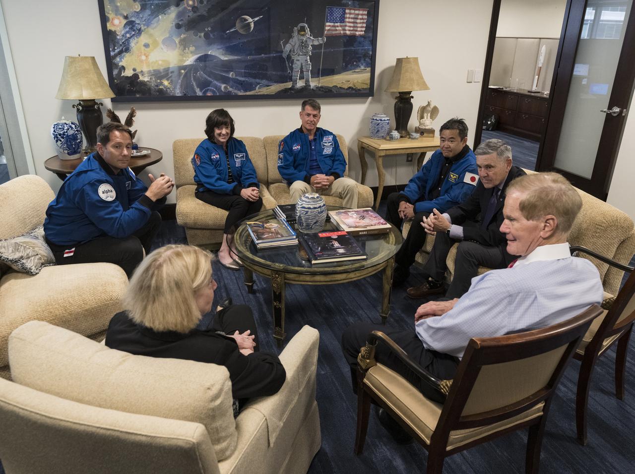 From left to right, NASA Deputy Administrator Pam Melroy, NASA’s SpaceX Crew-2 ESA (European Space Agency) astronaut Thomas Pesquet, NASA astronauts Megan McArthur and Shane Kimbrough, Japan Aerospace Exploration Agency (JAXA) astronaut Akihiko Hoshide, NASA Associate Administrator Bob Cabana, and NASA Administrator Bill Nelson meet, Monday, June 6, 2022, at the Mary W. Jackson NASA Headquarters Building in Washington DC. Photo Credit: (NASA/Aubrey Gemignani)