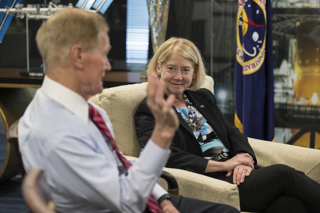 NASA Deputy Administrator Pam Melroy looks on while NASA Administrator Bill Nelson speaks during a meeting with NASA’s SpaceX Crew-2, ESA (European Space Agency) astronaut Thomas Pesquet, NASA astronauts Megan McArthur and Shane Kimbrough, Japan Aerospace Exploration Agency (JAXA) astronaut Akihiko Hoshide, and NASA Associate Administrator Bob Cabana, Monday, June 6, 2022, at the Mary W. Jackson NASA Headquarters Building in Washington DC. Photo Credit: (NASA/Aubrey Gemignani)