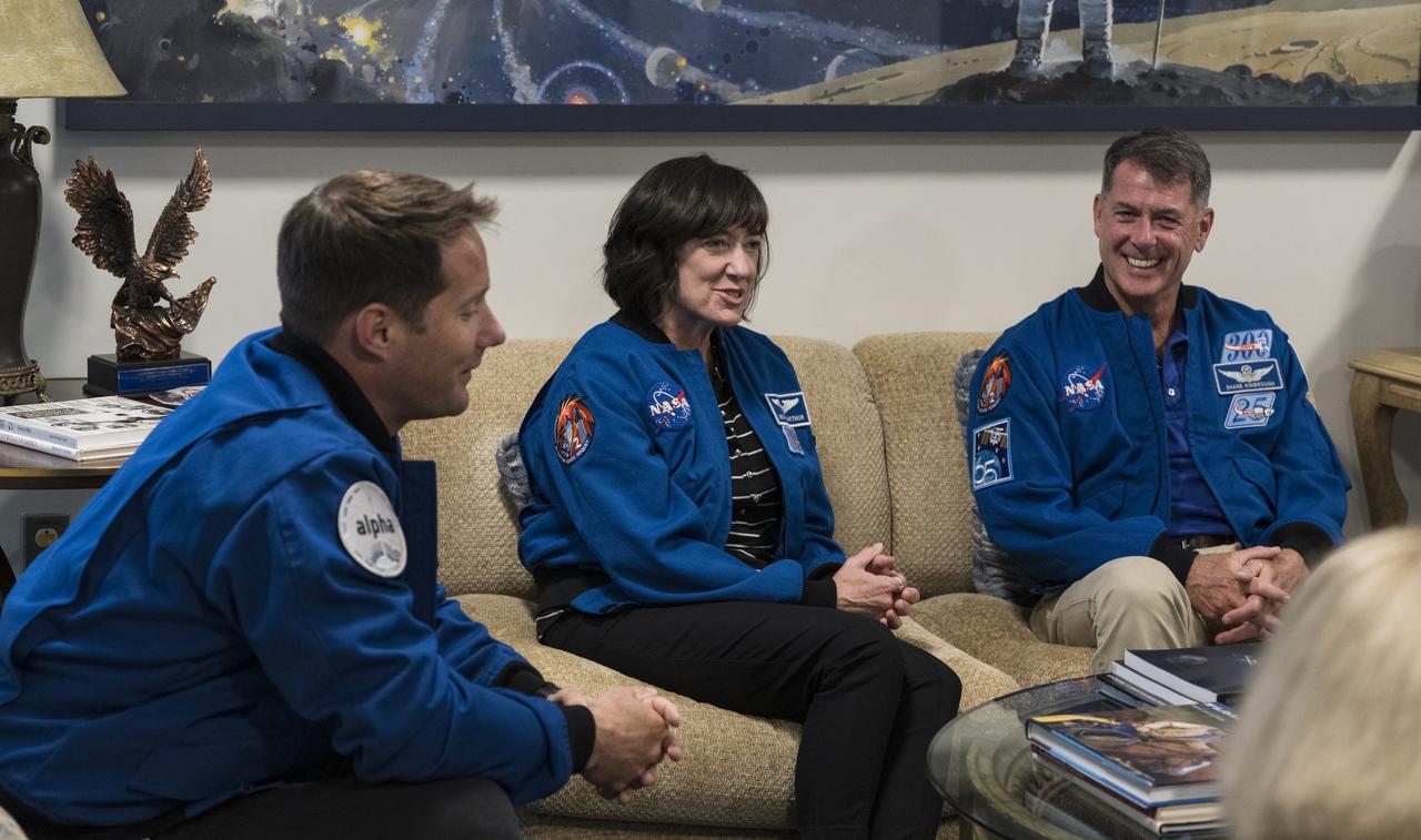 NASA’s SpaceX Crew-2 ESA (European Space Agency) astronaut Thomas Pesquet, left, NASA astronauts Megan McArthur, center, and Shane Kimbrough are seen during a meeting with NASA Administrator Bill Nelson, NASA Deputy Administrator Pam Melroy, NASA Associate Administrator Bob Cabana, and fellow Crew-2 member Japan Aerospace Exploration Agency (JAXA) astronaut Akihiko Hoshide, Monday, June 6, 2022, at the Mary W. Jackson NASA Headquarters Building in Washington DC. Photo Credit: (NASA/Aubrey Gemignani)