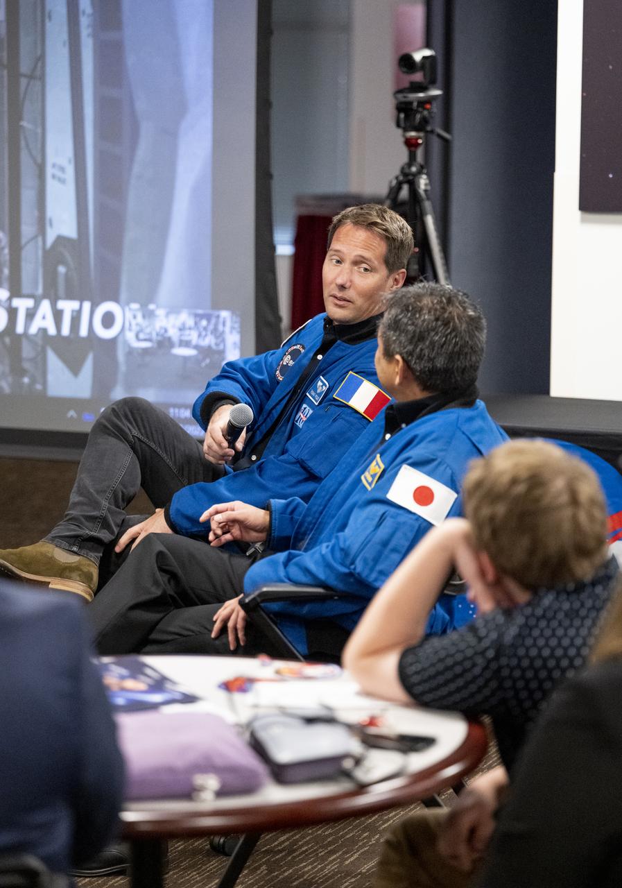NASA’s SpaceX Crew-2 ESA (European Space Agency) astronaut Thomas Pesquet, left, and Japan Aerospace Exploration Agency (JAXA) astronaut Akihiko Hoshide, right, speak during a meet and greet with employees Tuesday, June 7, 2022, at the Mary W. Jackson NASA Headquarters Building in Washington. Kimbrough, McArthur, Hoshide, and Pesquet completed the second crew rotation mission to the International Space Station as part of the agency’s Commercial Crew Program and spent 198 days aboard the orbiting laboratory as part of Expeditions 65 and 66. Photo Credit: (NASA/Keegan Barber)