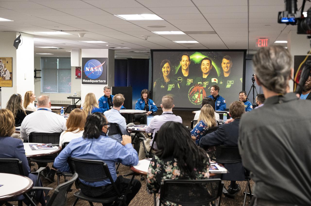 NASA’s SpaceX Crew-2 astronauts participate in a meet and greet with employees Tuesday, June 7, 2022, at the Mary W. Jackson NASA Headquarters Building in Washington. Kimbrough, McArthur, Hoshide, and Pesquet completed the second crew rotation mission to the International Space Station as part of the agency’s Commercial Crew Program and spent 198 days aboard the orbiting laboratory as part of Expeditions 65 and 66. Kimbrough, McArthur, Hoshide, and Pesquet completed the second crew rotation mission to the International Space Station as part of the agency’s Commercial Crew Program and spent 198 days aboard the orbiting laboratory as part of Expeditions 65 and 66. Photo Credit: (NASA/Keegan Barber)