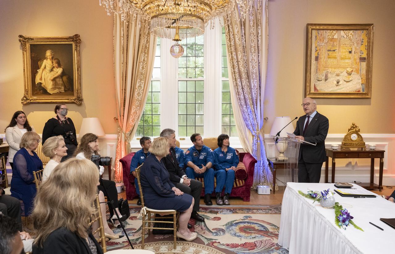 Ambassador of France to the United States Philippe Etienne delivers remarks during an Artemis Accords signing ceremony Tuesday, June 7, 2022, prior to the Centre National d’Etudes Spatiales (CNES) 60th Anniversary event at the French Ambassador’s Residence in Washington. France is the twentieth country to sign the Artemis Accords, which establish a practical set of principles to guide space exploration cooperation among nations participating in NASA’s Artemis program. Photo Credit: (NASA/Keegan Barber)