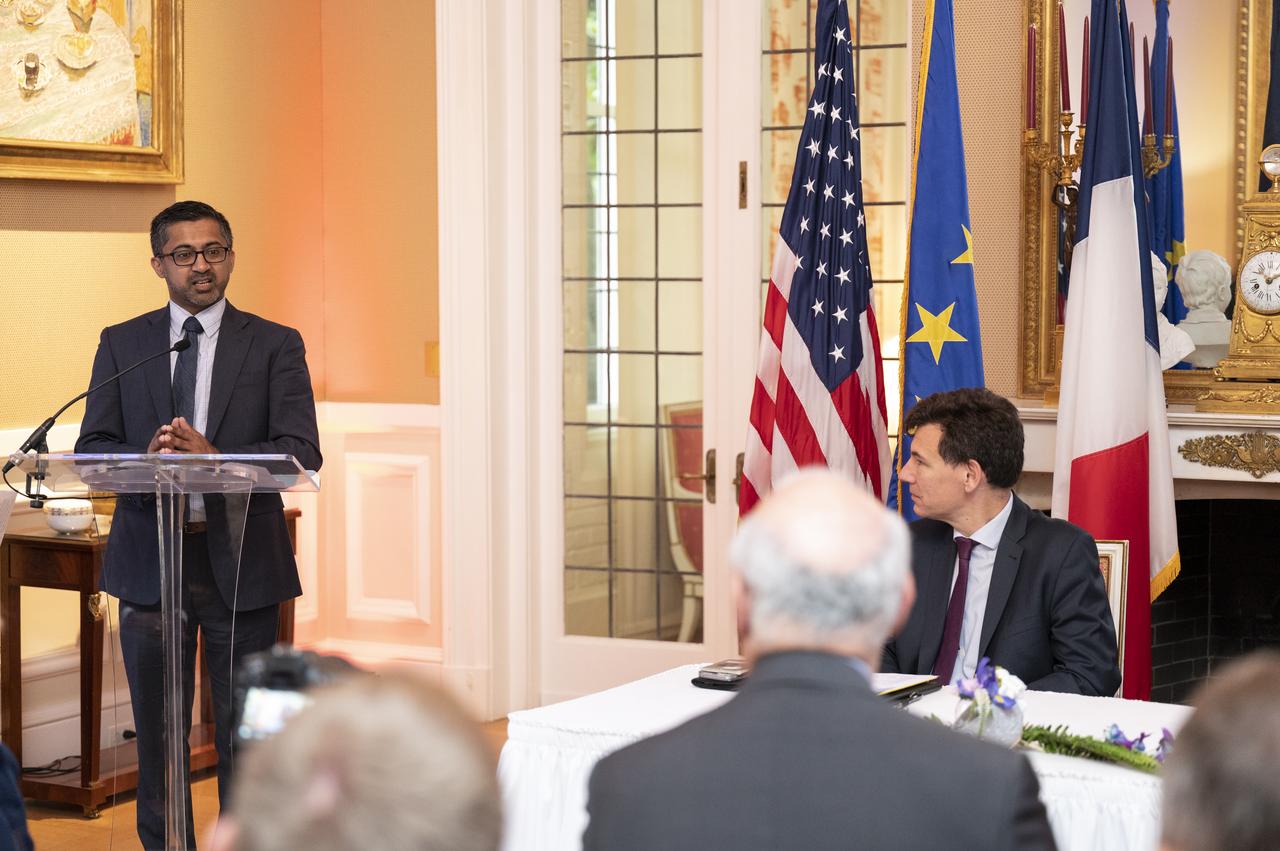 National Space Council (NSpC) Executive Secretary Chirag Parikh delivers remarks during an Artemis Accords signing ceremony Tuesday, June 7, 2022, prior to the Centre National d’Etudes Spatiales (CNES) 60th Anniversary event at the French Ambassador’s Residence in Washington. France is the twentieth country to sign the Artemis Accords, which establish a practical set of principles to guide space exploration cooperation among nations participating in NASA’s Artemis program. Photo Credit: (NASA/Keegan Barber)