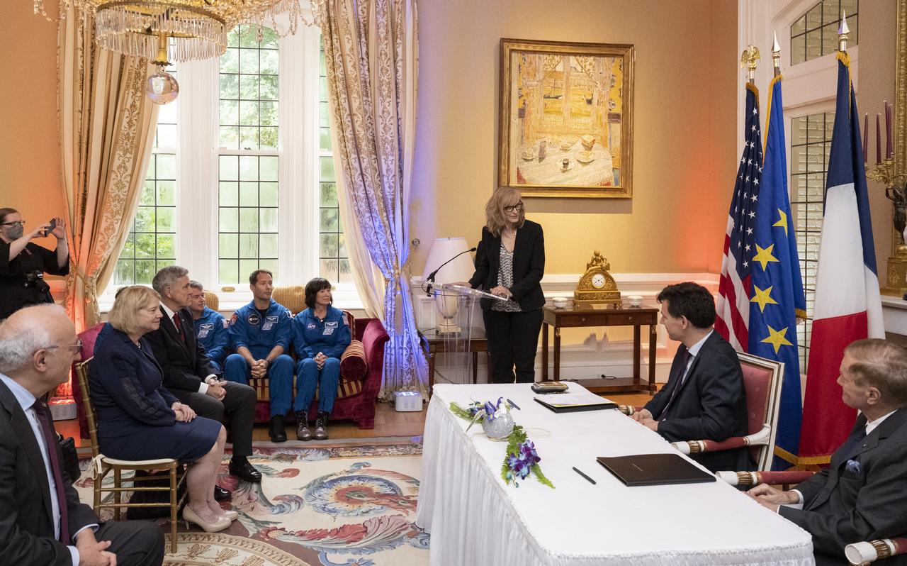 U.S. State Department Director of the Office of Space Affairs for the Bureau of Oceans and International Environmental and Scientific Affairs, Valda Vikmanis-Keller, delivers remarks during an Artemis Accords signing ceremony Tuesday, June 7, 2022, prior to the Centre National d’Etudes Spatiales (CNES) 60th Anniversary event at the French Ambassador’s Residence in Washington. France is the twentieth country to sign the Artemis Accords, which establish a practical set of principles to guide space exploration cooperation among nations participating in NASA’s Artemis program. Photo Credit: (NASA/Keegan Barber)
