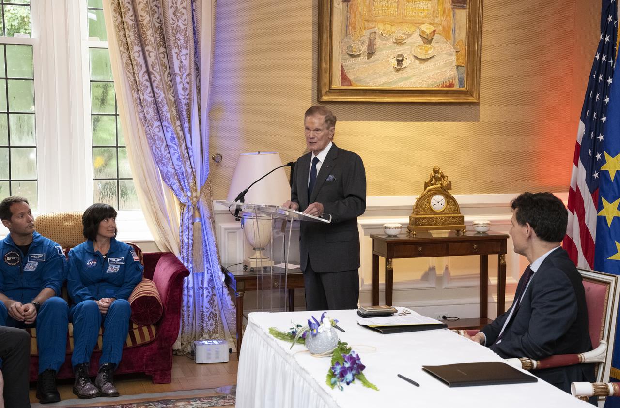 NASA Administrator Bill Nelson delivers remarks during an Artemis Accords signing ceremony Tuesday, June 7, 2022, prior to the Centre National d’Etudes Spatiales (CNES) 60th Anniversary event at the French Ambassador’s Residence in Washington. France is the twentieth country to sign the Artemis Accords, which establish a practical set of principles to guide space exploration cooperation among nations participating in NASA’s Artemis program. Photo Credit: (NASA/Keegan Barber)