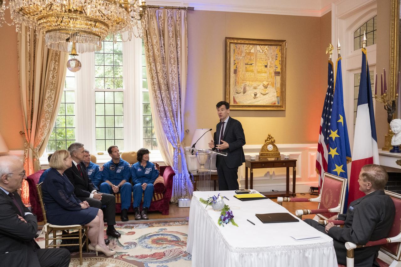 President of the Centre National d’Etudes Spatiales (CNES) Dr. Philippe Baptiste delivers remarks during an Artemis Accords signing ceremony Tuesday, June 7, 2022, prior to the CNES 60th Anniversary event at the French Ambassador’s Residence in Washington. France is the twentieth country to sign the Artemis Accords, which establish a practical set of principles to guide space exploration cooperation among nations participating in NASA’s Artemis program. Photo Credit: (NASA/Keegan Barber)