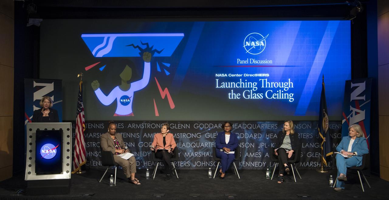 NASA Deputy Administrator Pam Melroy provides opening remarks for a panel discussion with NASA's four female center directors: Dr. Marla Peréz-Davis of Glenn Research Center, third from left, Vanessa Wyche of Johnson Space Center, center, Janet Petro of Kennedy Space Center, second from right, and Jody Singer of Marshall Space Flight Center, right, moderated by NASA General Counsel Sumara Thompson-King, second from left, during the "DirectHERS" - Launching Through the Glass Ceiling event, Tuesday, June 7, 2022, at the Mary W. Jackson NASA Headquarters Building in Washington. Photo Credit: (NASA/Aubrey Gemignani)