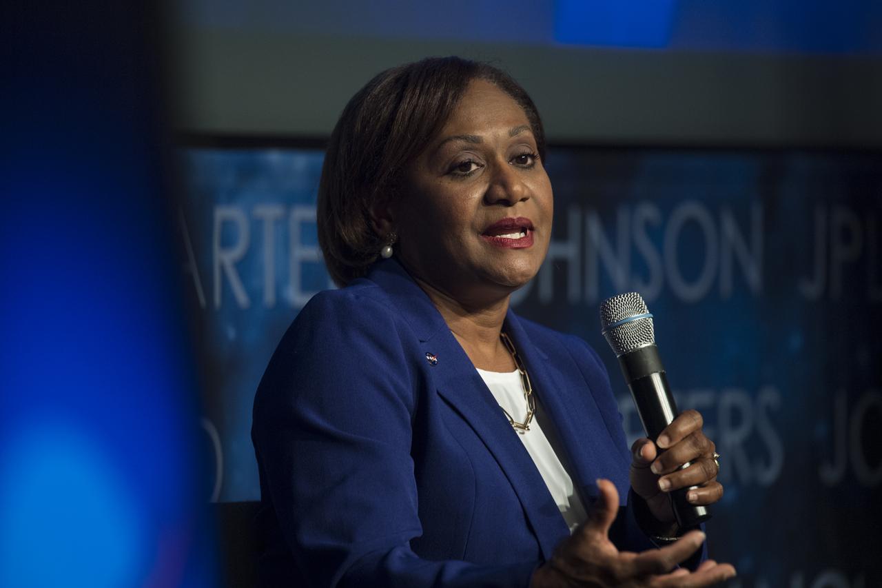 Director of Johnson Space Center, Vanessa Wyche, speaks on a panel with NASA's three other female center directors: Dr. Marla Peréz-Davis of Glenn Research Center, Janet Petro of Kennedy Space Center, and Jody Singer of Marshall Space Flight Center, during the "DirectHERS" - Launching Through the Glass Ceiling event, Tuesday, June 7, 2022, at the Mary W. Jackson NASA Headquarters Building in Washington. Photo Credit: (NASA/Aubrey Gemignani)