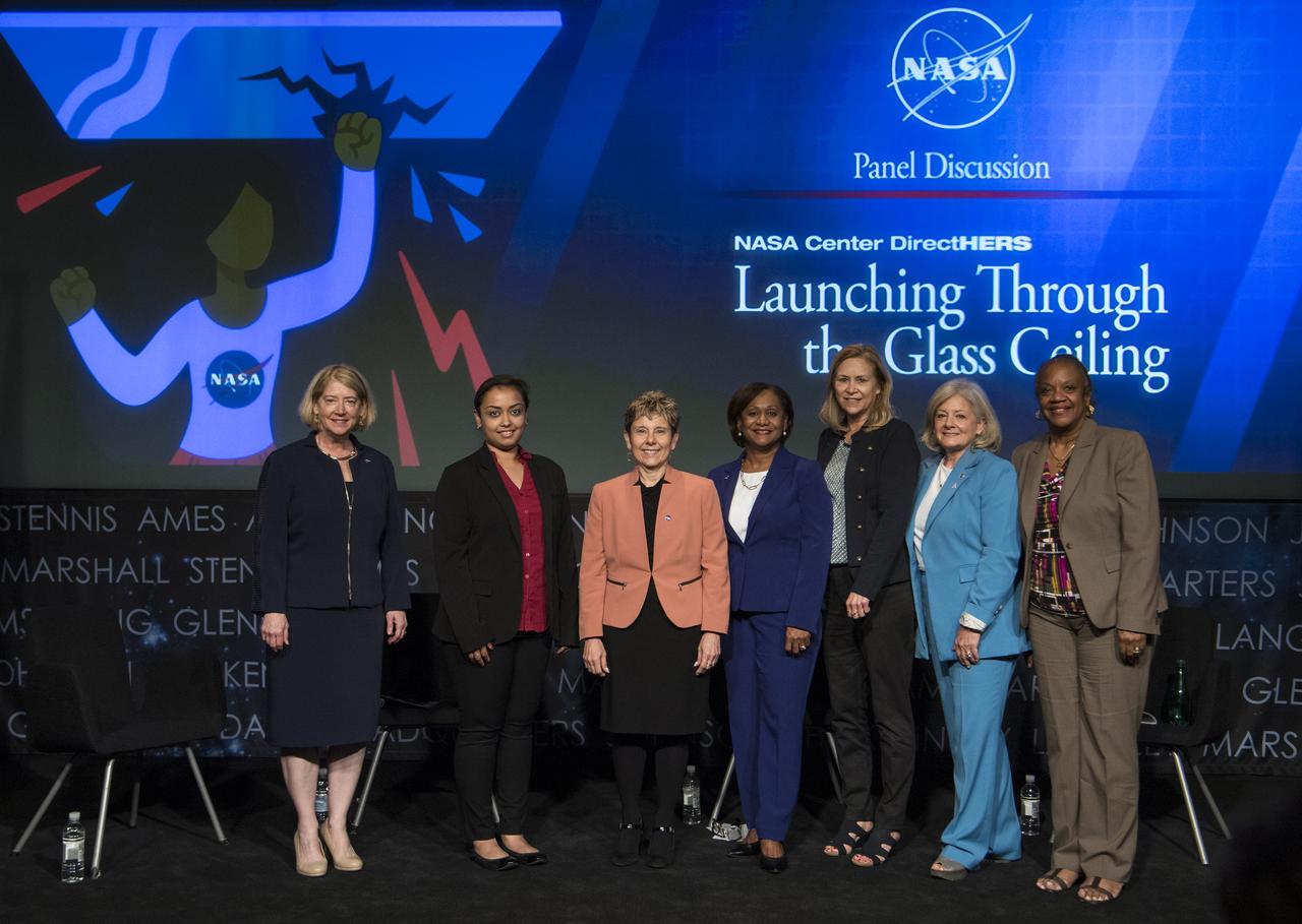 From left to right, NASA Deputy Administrator, Pam Melroy, Deboshri Sadhukhan, Director of NASA’s Glenn Research Center, Dr. Marla Peréz-Davis, Director of NASA’s Johnson Space Center, Vanessa Wyche, Director of NASA’s Kennedy Space Center, Janet Petro, Director of NASA’s Marshall Space Flight Center, Jody Singer, and NASA General Counsel, Sumara Thompson-King, pose for a photo after the "DirectHERS" - Launching Through the Glass Ceiling event, Tuesday, June 7, 2022, at the Mary W. Jackson NASA Headquarters Building in Washington. Photo Credit: (NASA/Aubrey Gemignani)