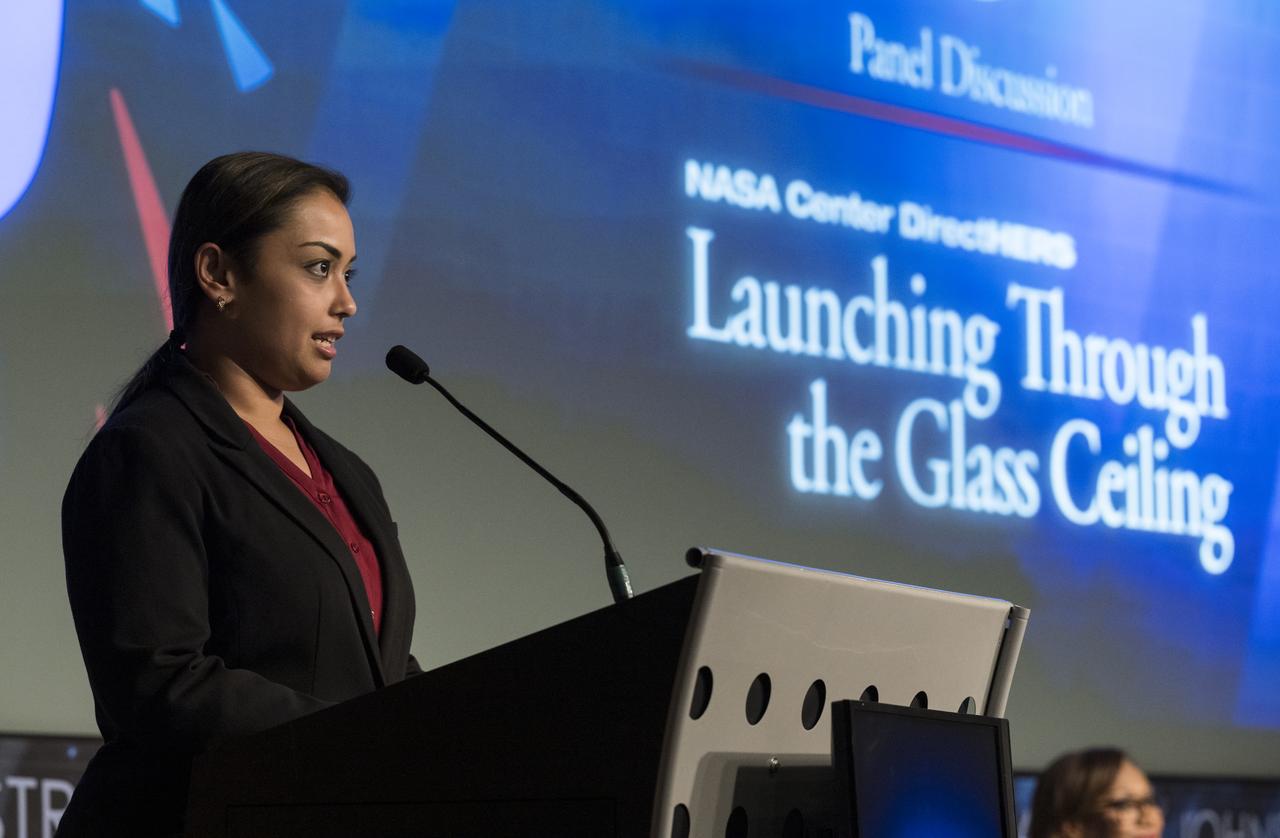 NASA Co-Chair of Glenn Research Center's Women at Glenn, Deboshri Sadhukhan, introduces NASA Deputy Administrator Pam Melroy, before a panel discussion with NASA's four female center directors: Dr. Marla Peréz-Davis of Glenn Research Center, Vanessa Wyche of Johnson Space Center, Janet Petro of Kennedy Space Center, and Jody Singer of Marshall Space Flight Center, during the "DirectHERS" - Launching Through the Glass Ceiling event, Tuesday, June 7, 2022, at the Mary W. Jackson NASA Headquarters Building in Washington. Photo Credit: (NASA/Aubrey Gemignani)