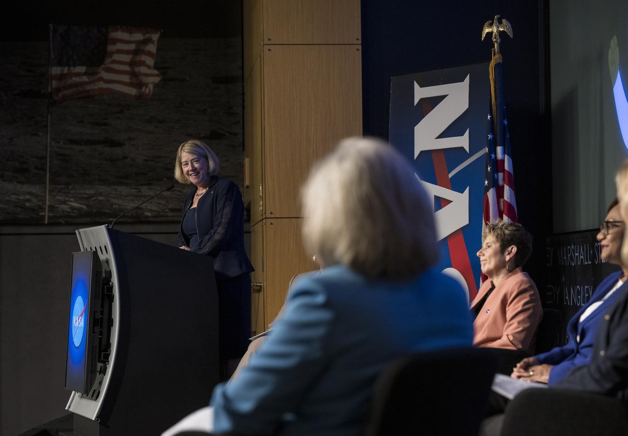NASA Deputy Administrator Pam Melroy provides opening remarks for a panel discussion with NASA's four female center directors: Dr. Marla Peréz-Davis of Glenn Research Center, Vanessa Wyche of Johnson Space Center, Janet Petro of Kennedy Space Center, and Jody Singer of Marshall Space Flight Center, moderated by NASA General Counsel Sumara Thompson-King, during the "DirectHERS" - Launching Through the Glass Ceiling event, Tuesday, June 7, 2022, at the Mary W. Jackson NASA Headquarters Building in Washington. Photo Credit: (NASA/Aubrey Gemignani)
