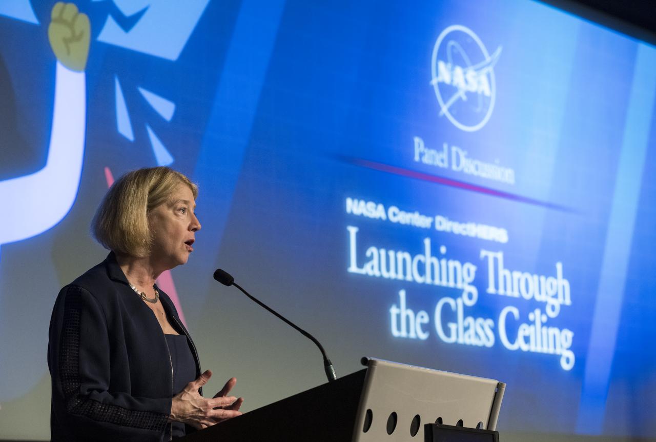 NASA Deputy Administrator Pam Melroy provides opening remarks for a panel discussion with NASA's four female center directors: Dr. Marla Peréz-Davis of Glenn Research Center, Vanessa Wyche of Johnson Space Center, Janet Petro of Kennedy Space Center, and Jody Singer of Marshall Space Flight Center, moderated by NASA General Counsel Sumara Thompson-King, during the "DirectHERS" - Launching Through the Glass Ceiling event, Tuesday, June 7, 2022, at the Mary W. Jackson NASA Headquarters Building in Washington. Photo Credit: (NASA/Aubrey Gemignani)