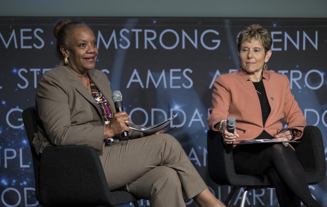 NASA General Counsel, Sumara Thompson-King, left, moderates a panel discussion with NASA's four female center directors: Dr. Marla Peréz-Davis of Glenn Research Center, right, Vanessa Wyche of Johnson Space Center, Janet Petro of Kennedy Space Center, and Jody Singer of Marshall Space Flight Center, during the "DirectHERS" - Launching Through the Glass Ceiling event, Tuesday, June 7, 2022, at the Mary W. Jackson NASA Headquarters Building in Washington. Photo Credit: (NASA/Aubrey Gemignani)
