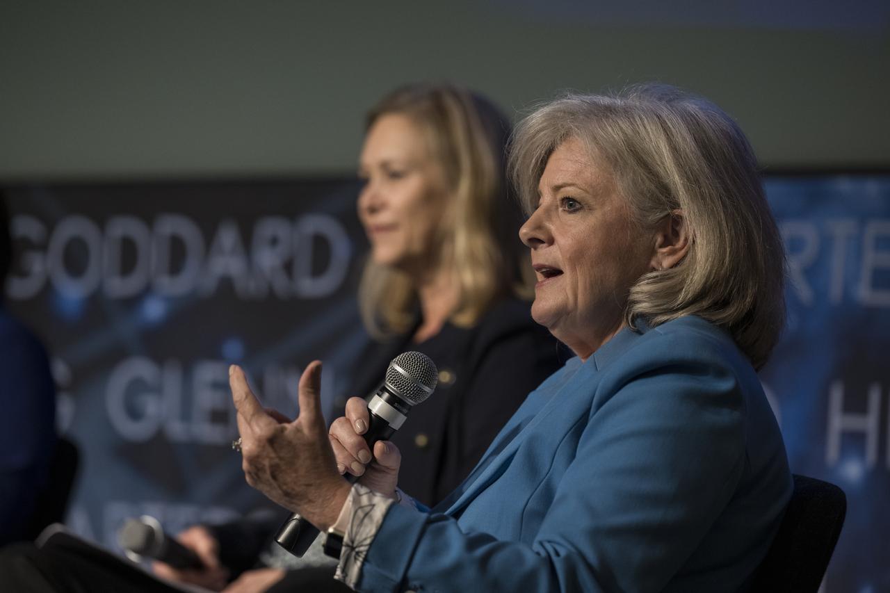 Director of Marshall Space Flight Center, Jody Singer,  speaks on a panel with NASA's three other female center directors: Dr. Marla Peréz-Davis of Glenn Research Center, Vanessa Wyche of Johnson Space Center, and Janet Petro of Kennedy Space Center during the "DirectHERS" - Launching Through the Glass Ceiling event, Tuesday, June 7, 2022, at the Mary W. Jackson NASA Headquarters Building in Washington. Photo Credit: (NASA/Aubrey Gemignani)