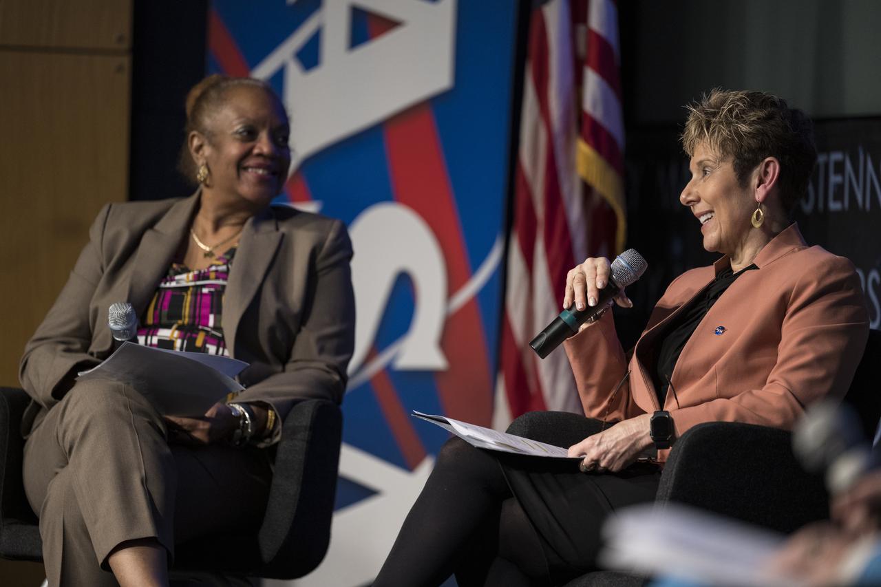 Director of Glenn Research Center, Dr. Marla Peréz-Davis speaks on a panel with NASA's three other female center directors: Janet Petro of Kennedy Space Center, Vanessa Wyche of Johnson Space Center, and Jody Singer of Marshall Space Flight Center, moderated by NASA General Counsel, Sumara Thompson-King, left, during the "DirectHERS" - Launching Through the Glass Ceiling event, Tuesday, June 7, 2022, at the Mary W. Jackson NASA Headquarters Building in Washington. Photo Credit: (NASA/Aubrey Gemignani)