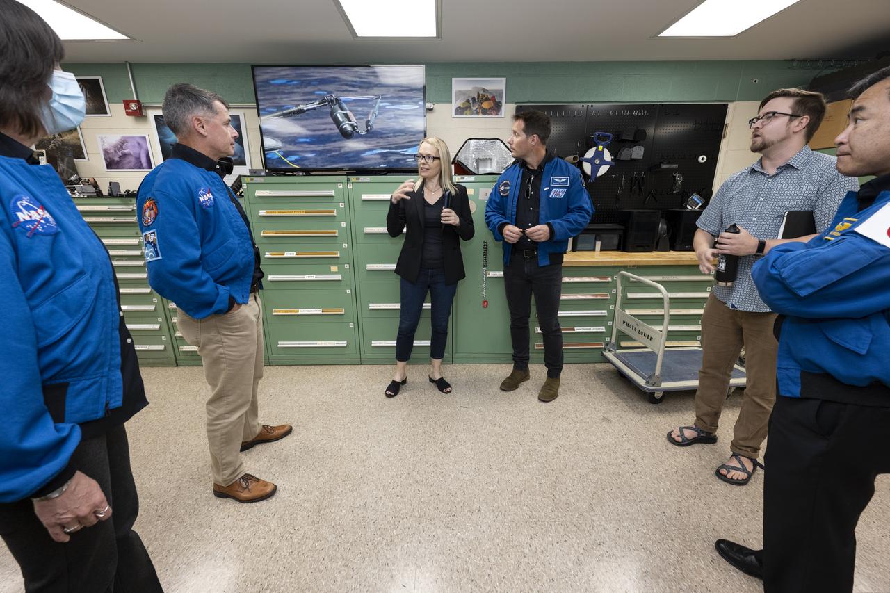 Executive Producer Betsy Forhan speaks with NASA’s SpaceX Crew-2 astronauts during a tour of the Photo Engineering Department, Tuesday, June 7, 2022, at National Geographic Headquarters in Washington. Kimbrough, McArthur, Hoshide, and Pesquet completed the second crew rotation mission to the International Space Station as part of the agency’s Commercial Crew Program and spent 198 days aboard the orbiting laboratory as part of Expeditions 65 and 66. Photo Credit: (NASA/Keegan Barber)