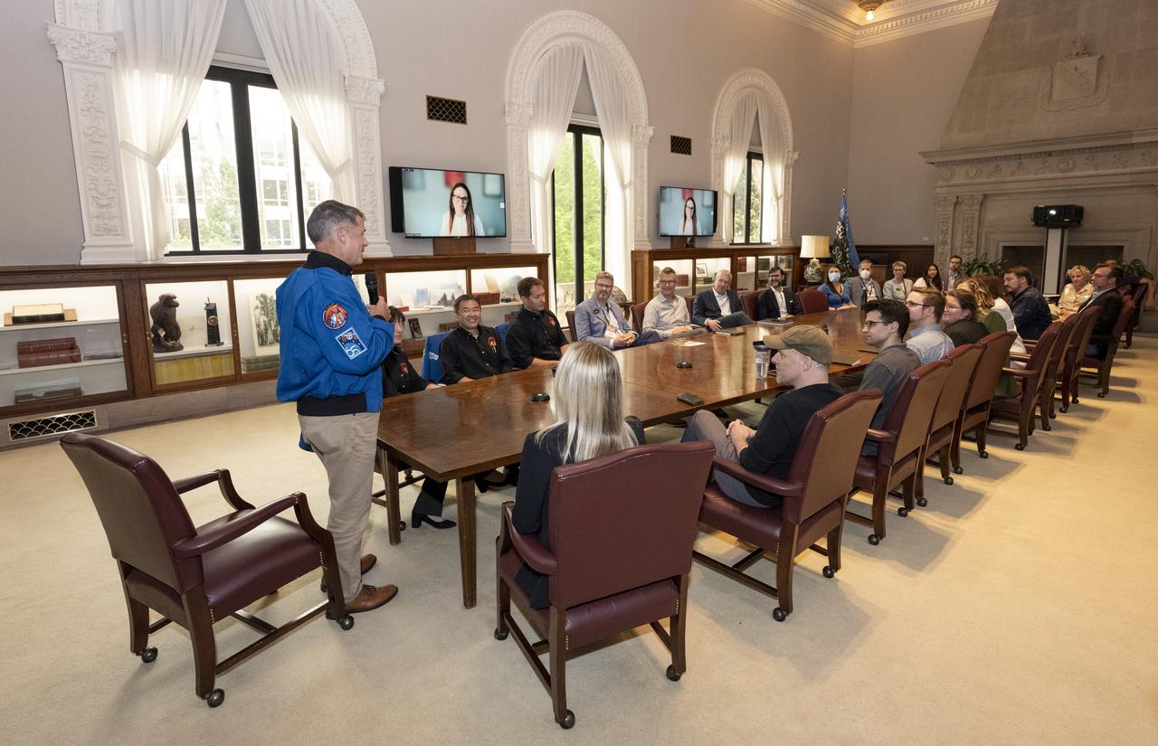 NASA’s SpaceX Crew-2 astronaut Shane Kimbrough speaks during a meeting with National Geographic leadership and staff Tuesday, June 7, 2022, at National Geographic Headquarters in Washington. Kimbrough, McArthur, Hoshide, and Pesquet completed the second crew rotation mission to the International Space Station as part of the agency’s Commercial Crew Program and spent 198 days aboard the orbiting laboratory as part of Expeditions 65 and 66. Photo Credit: (NASA/Keegan Barber)