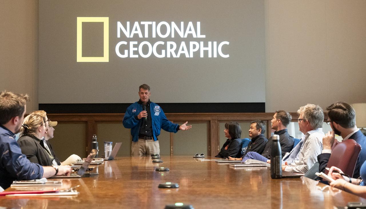 NASA’s SpaceX Crew-2 astronaut Shane Kimbrough speaks during a meeting with National Geographic leadership and staff Tuesday, June 7, 2022, at National Geographic Headquarters in Washington. Kimbrough, McArthur, Hoshide, and Pesquet completed the second crew rotation mission to the International Space Station as part of the agency’s Commercial Crew Program and spent 198 days aboard the orbiting laboratory as part of Expeditions 65 and 66. Photo Credit: (NASA/Keegan Barber)