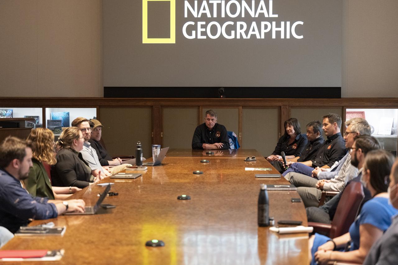 NASA’s SpaceX Crew-2 astronauts meet with National Geographic leadership and staff Tuesday, June 7, 2022, at National Geographic Headquarters in Washington. Kimbrough, McArthur, Hoshide, and Pesquet completed the second crew rotation mission to the International Space Station as part of the agency’s Commercial Crew Program and spent 198 days aboard the orbiting laboratory as part of Expeditions 65 and 66. Photo Credit: (NASA/Keegan Barber)