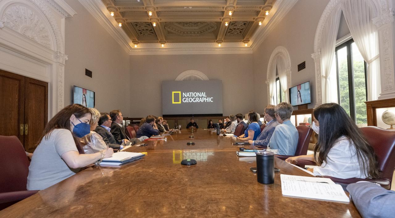 NASA’s SpaceX Crew-2 astronauts meet with National Geographic leadership and staff Tuesday, June 7, 2022, at National Geographic Headquarters in Washington. Kimbrough, McArthur, Hoshide, and Pesquet completed the second crew rotation mission to the International Space Station as part of the agency’s Commercial Crew Program and spent 198 days aboard the orbiting laboratory as part of Expeditions 65 and 66. Photo Credit: (NASA/Keegan Barber)